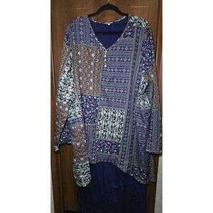 Woman's Maxi Dress Blue Brown Print Linen Blend Layered Boho Sz 5XL